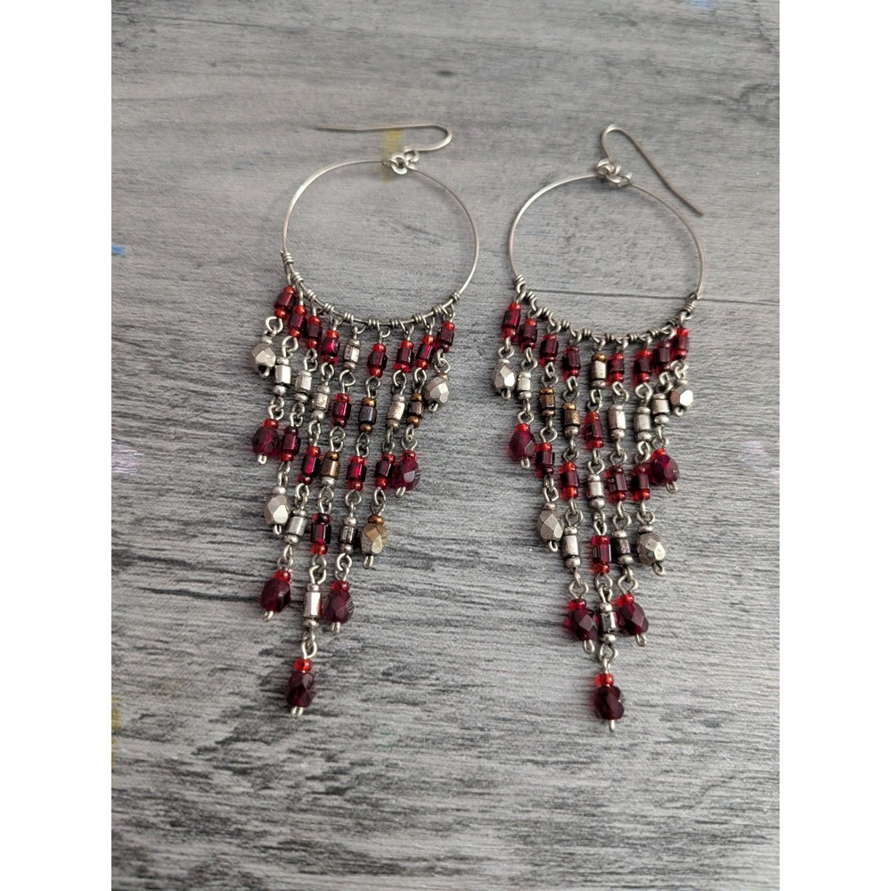 Boho Red Beaded Chandelier Hoop Earrings Silver Tone Tiered Dangle Drop